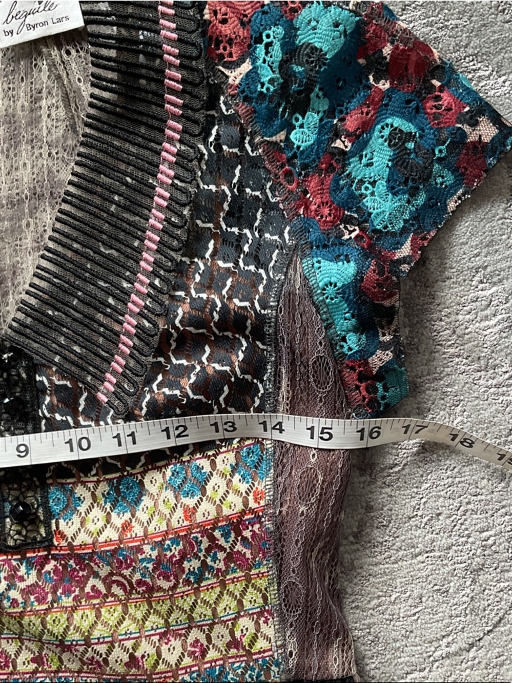 Anthro/Byron Lars Black Floral Patchwork Midi Dress with Teal & Pink Accents - Picture 11 of 13